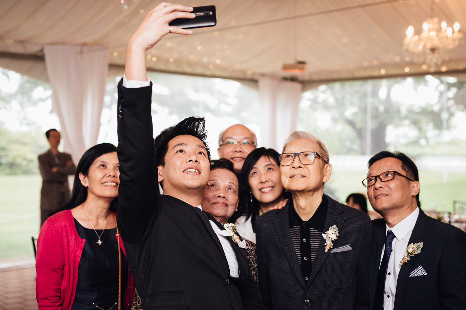 selfie group shot at brockhouse restaurant wedding reception