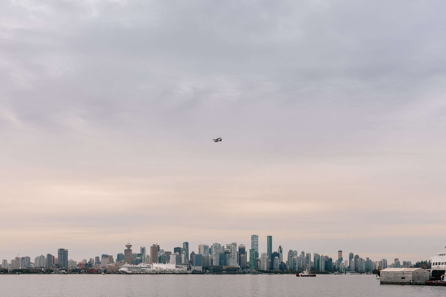 waterfront park view of vancouver engagement photography seaplane