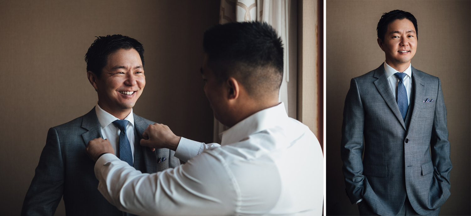 groom getting ready at river rock casino in richmond bc wedding photography