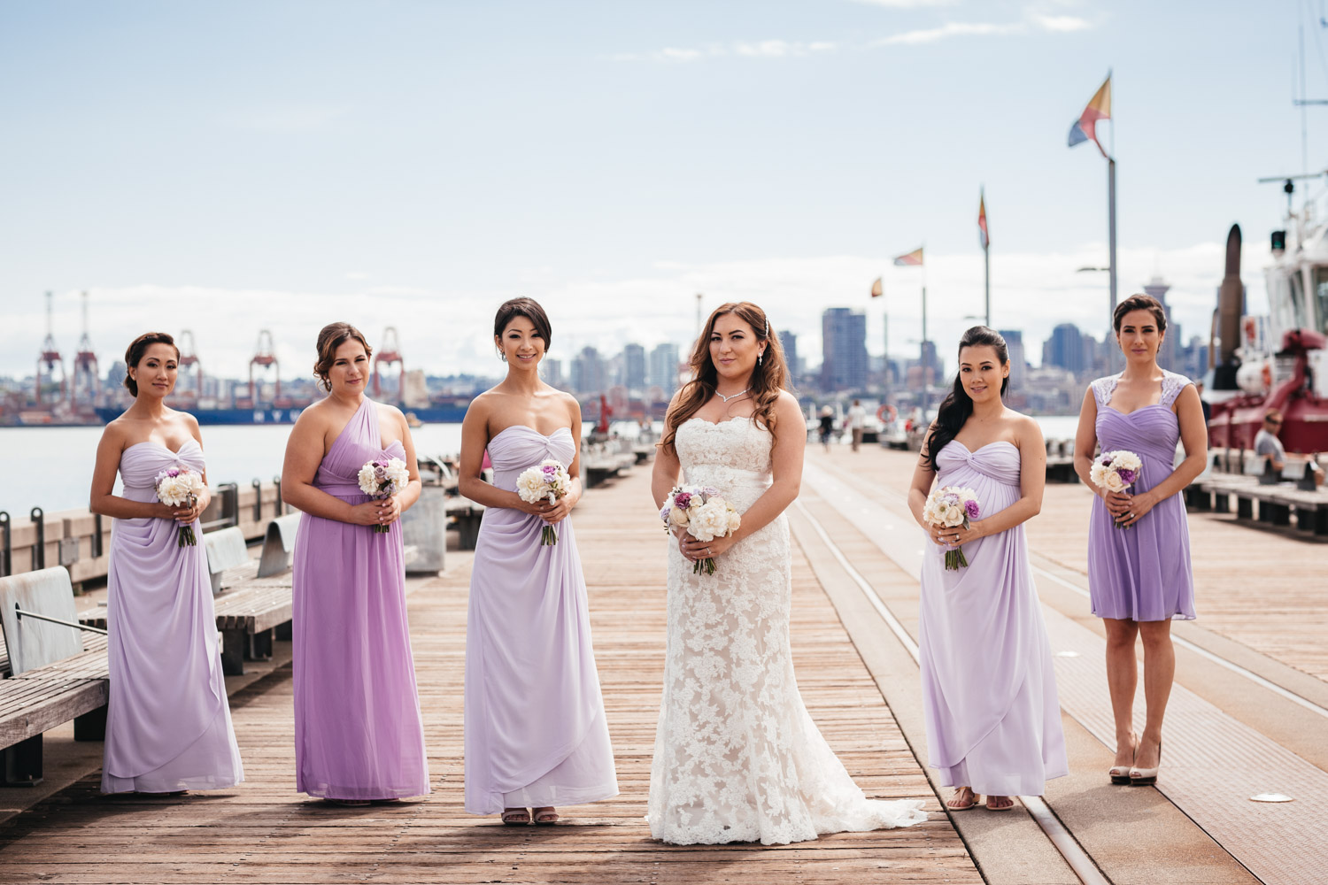 Bridesmaids in North Vancouver wedding portraits at Burrard dry dock
