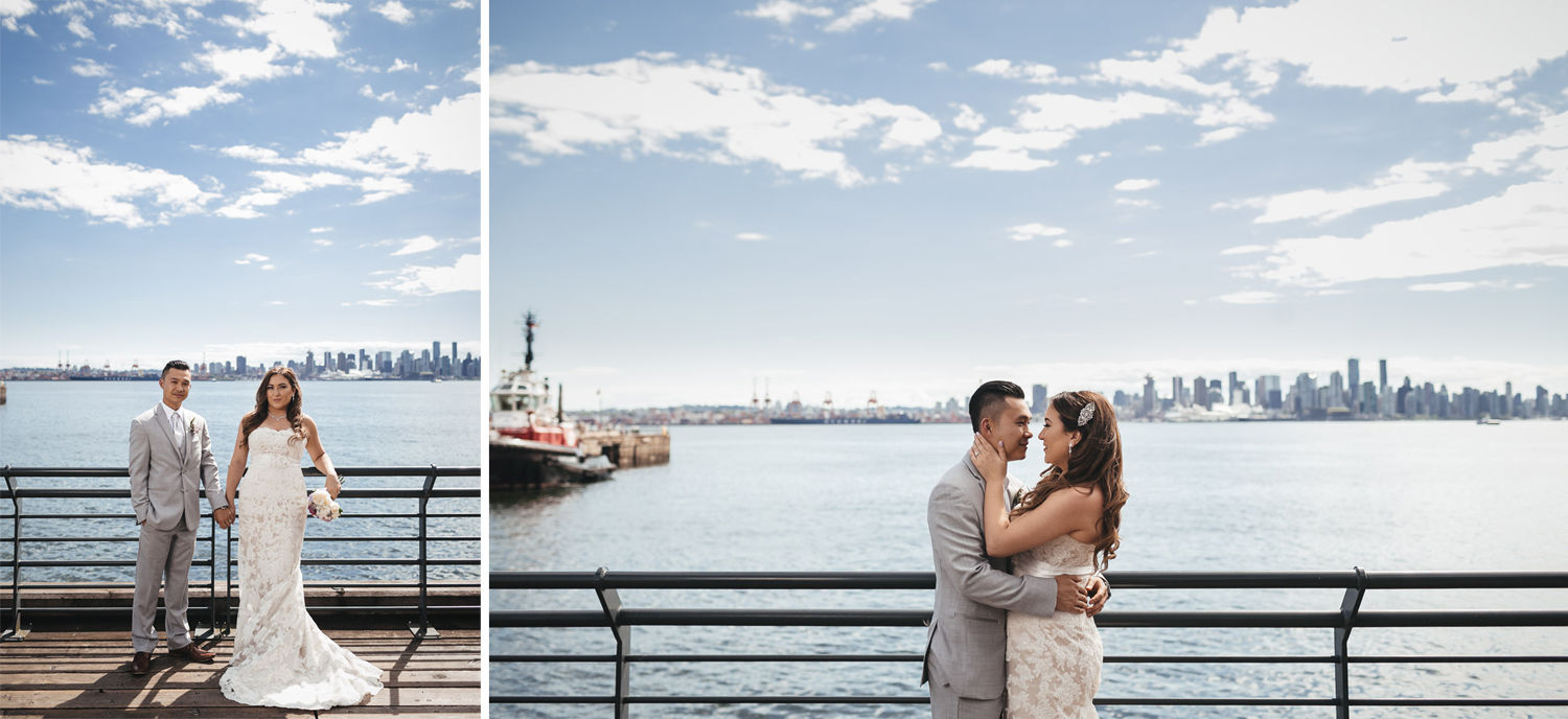 bride and groom at burrard dry dock in north vancouver for wedding photography portraits