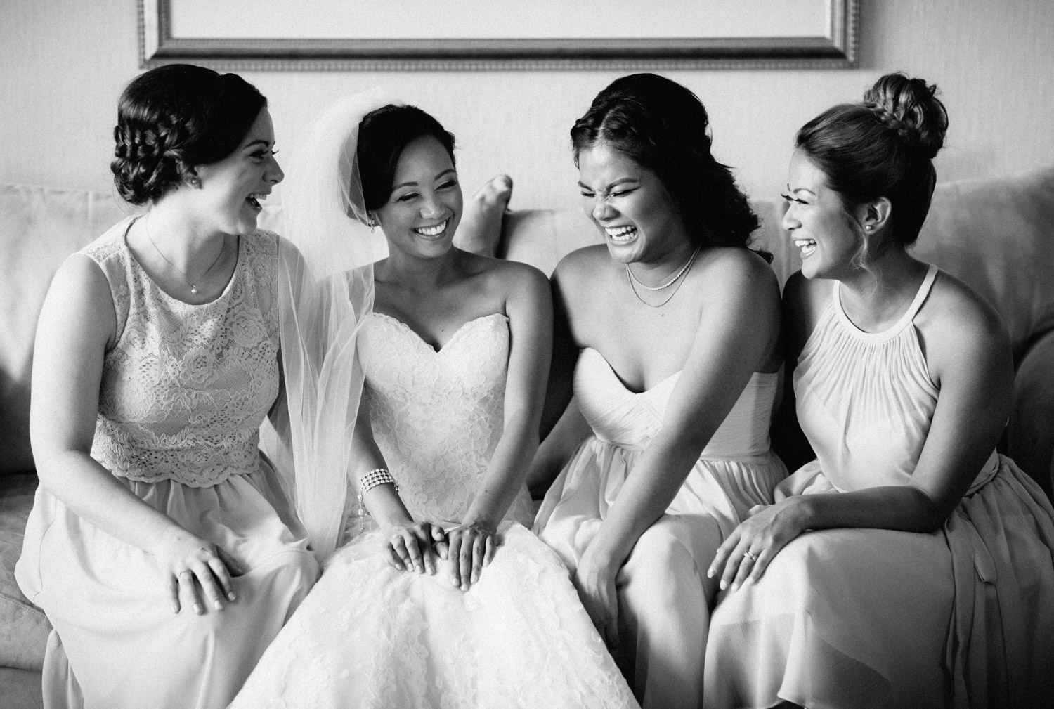 bride and bridesmaids candid laughing wedding vancouver bc