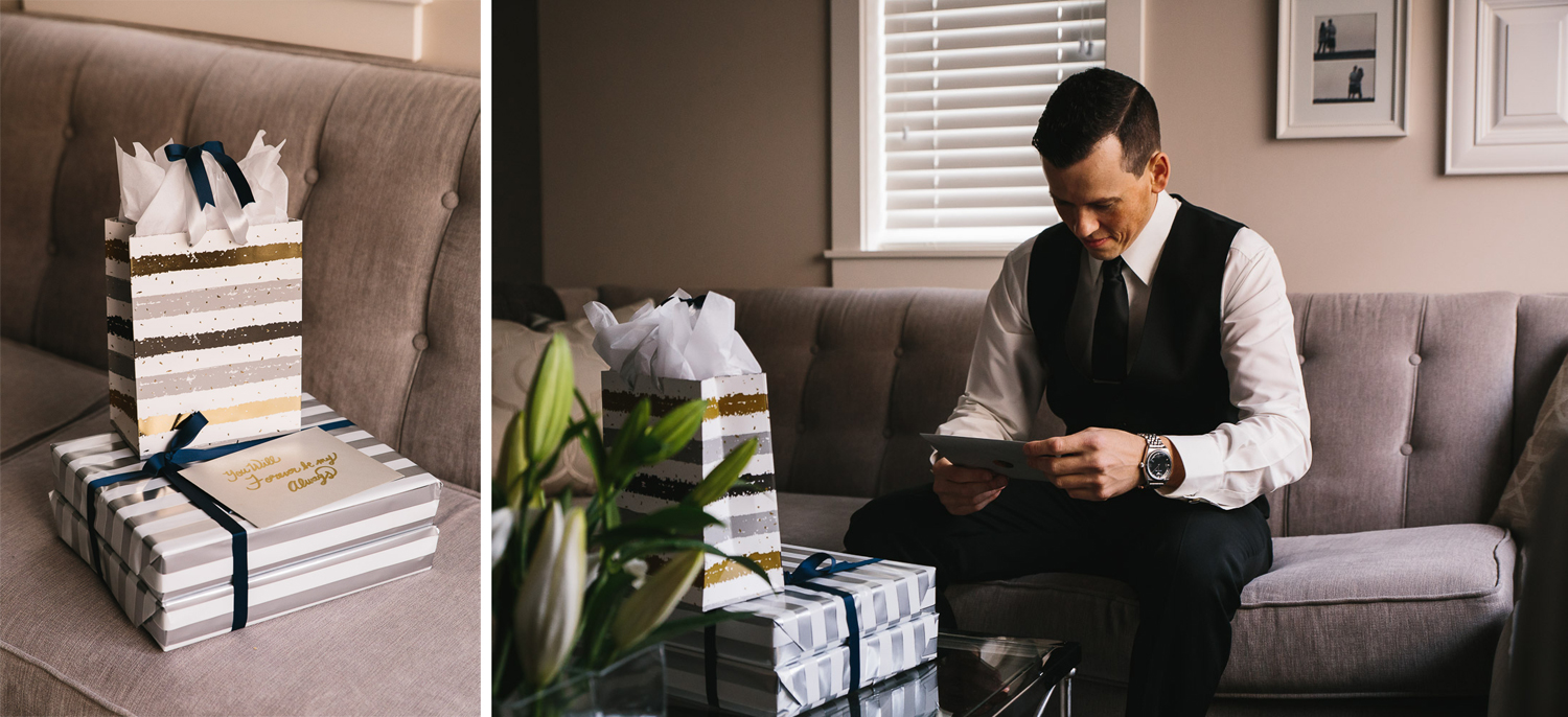 groom opens gift from bride wedding photography in richmond