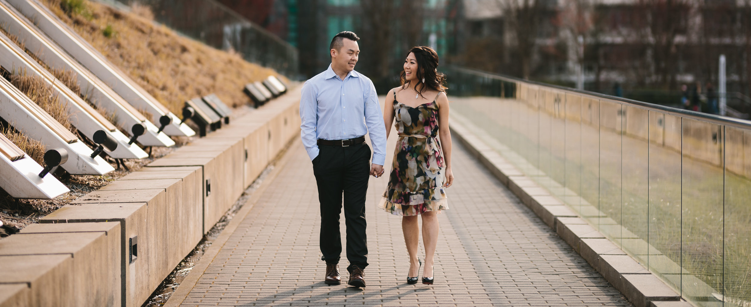 vancouver engagement photography in coal harbour during sunset in spring