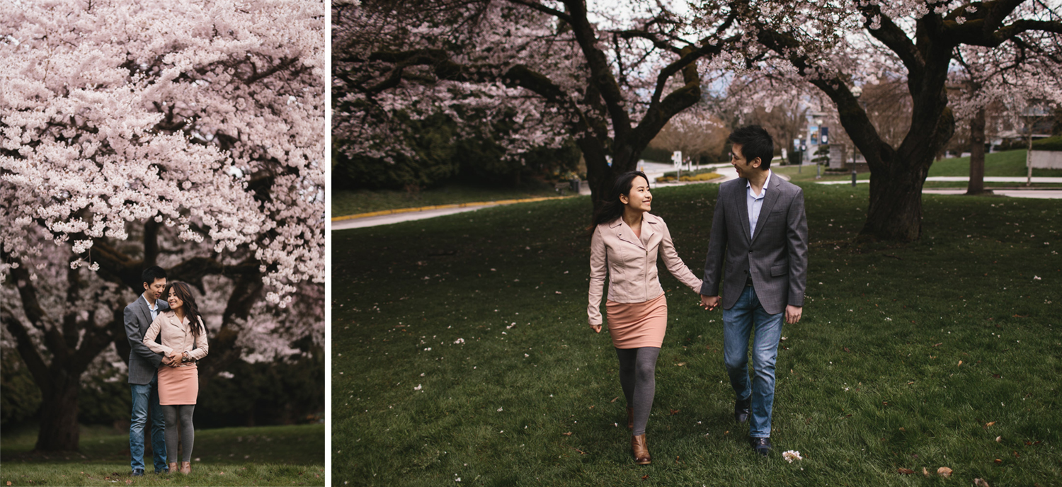 cherry blossom engagement photography in vancouver at UBC