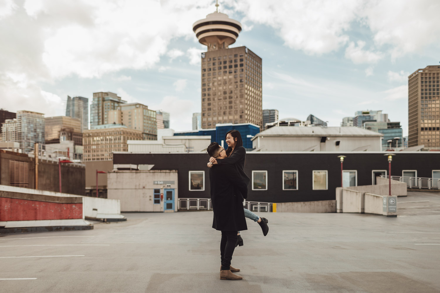 gastown rooftop city view engagement photography in vancouver bc