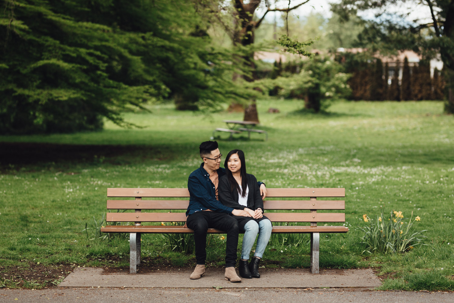 stanley park rose garden engagement photography bench sitting candid vancouver bc