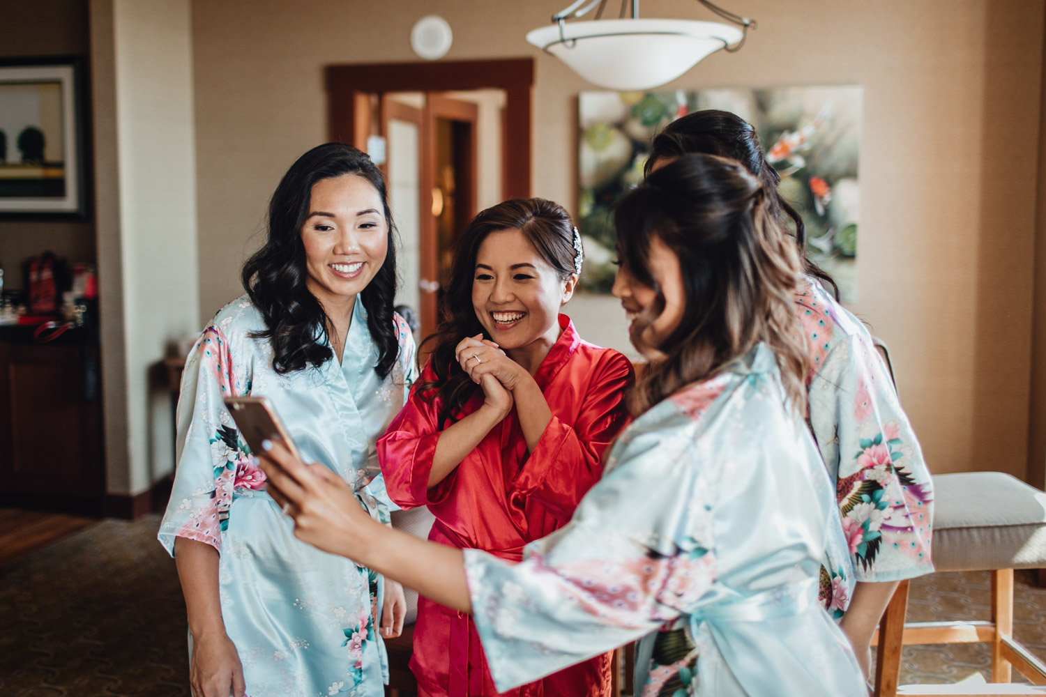 bride and bridesmaids candid robes river rock casino wedding photography