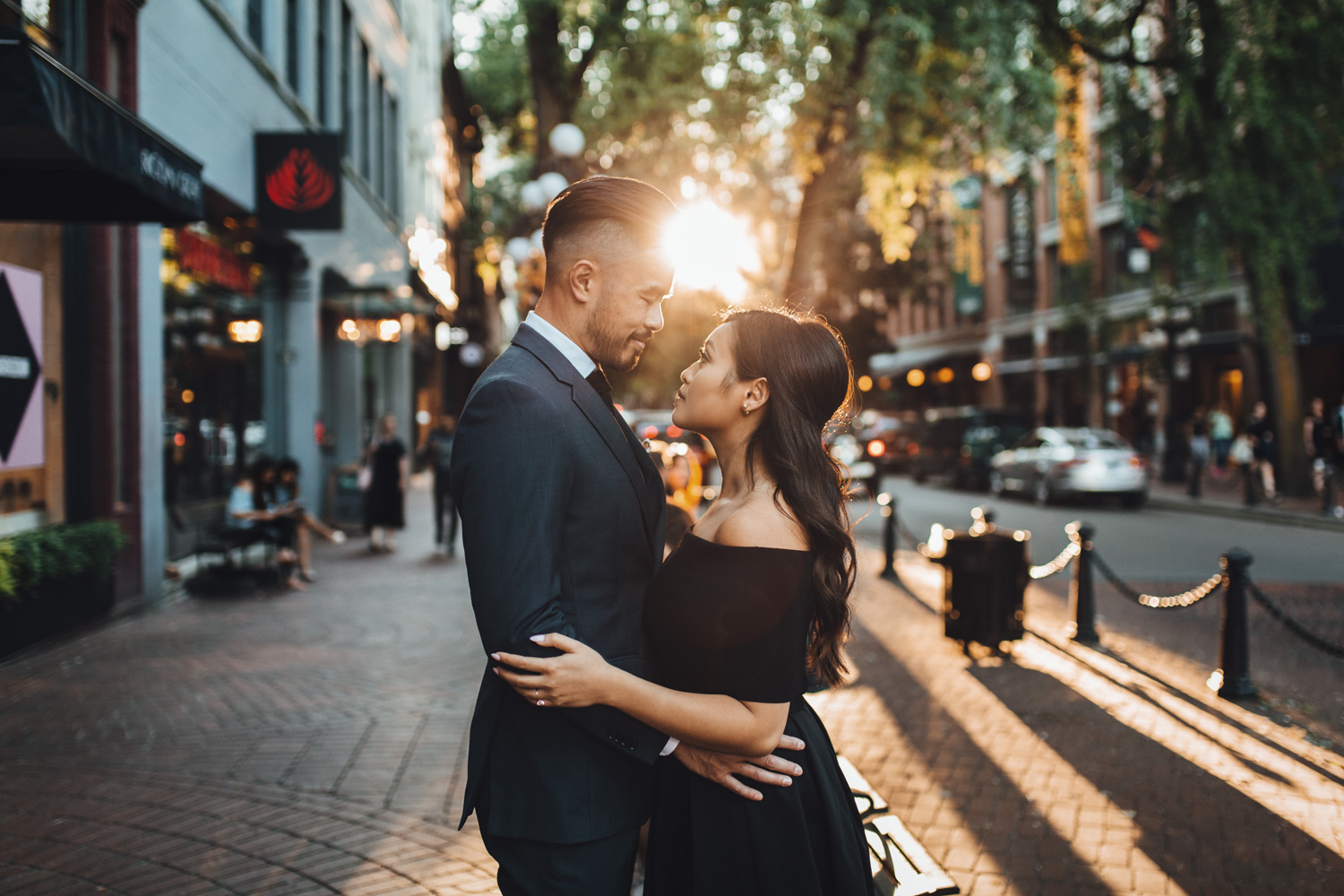 gastown vancouver engagement photography during sunset bc