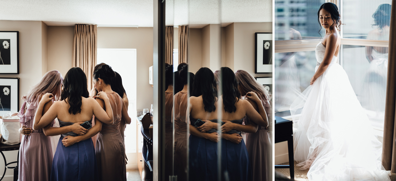 bride and bridesmaids christian prayer getting ready in coal harbour wedding photography