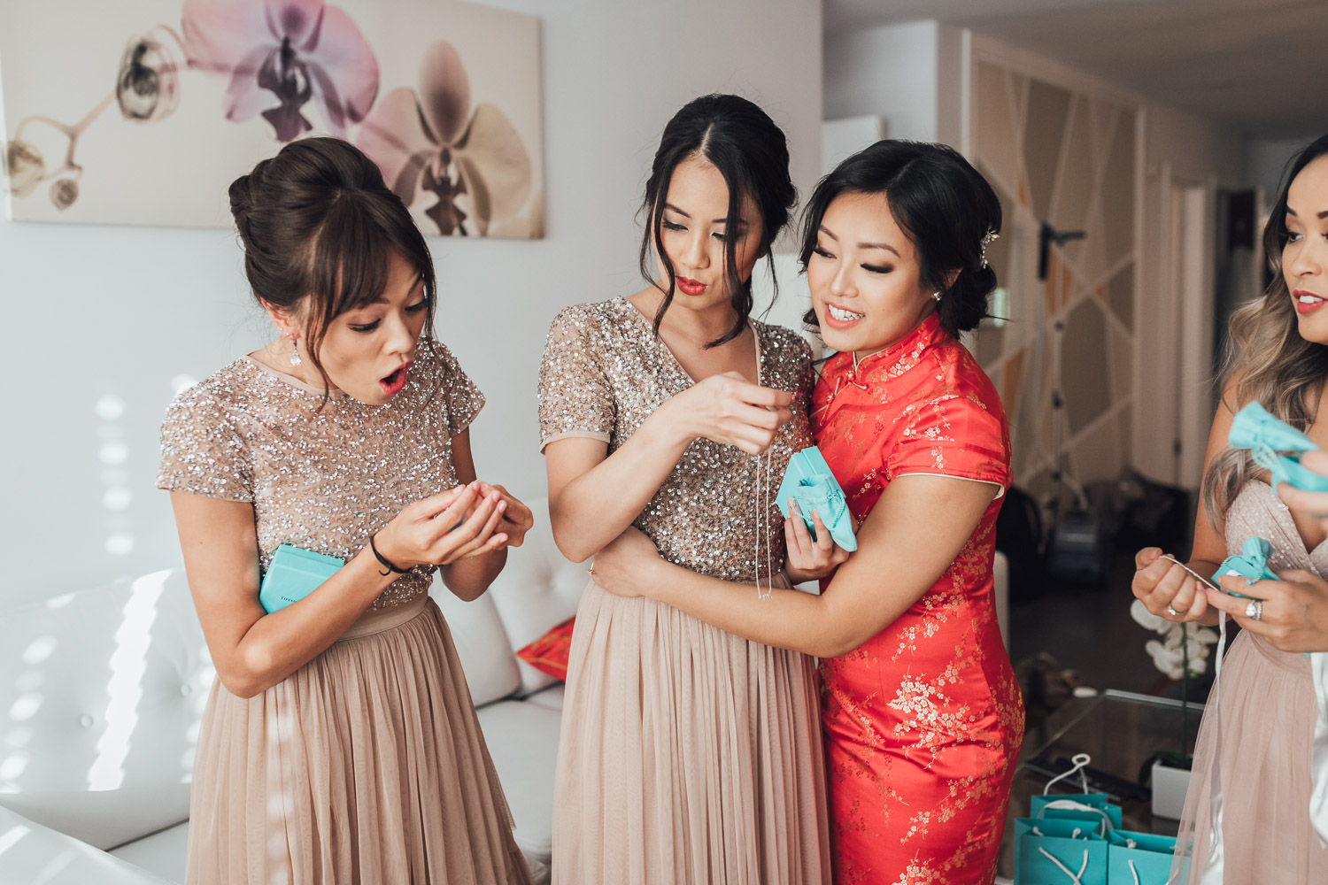 bride giving gifts to bridesmaids candid vancouver wedding photography