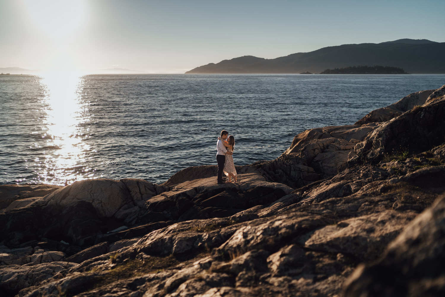 west vancouver engagement photography at lighthouse park during a summer sunset film