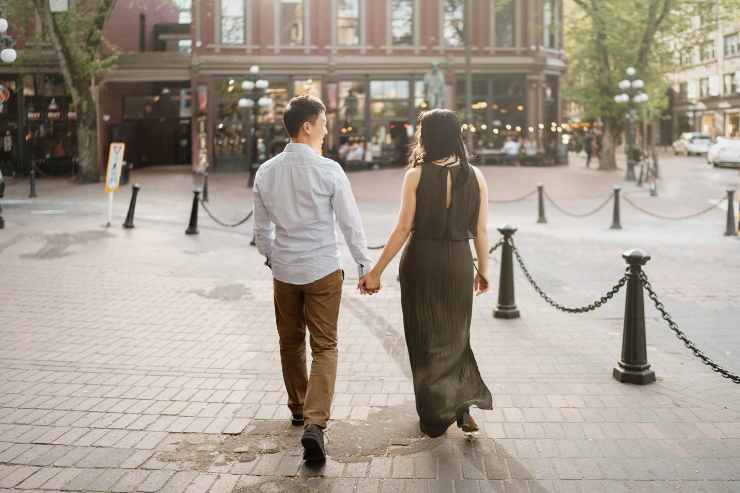 gastown engagement photography in vancouver bc during summer at sunset or golden hour