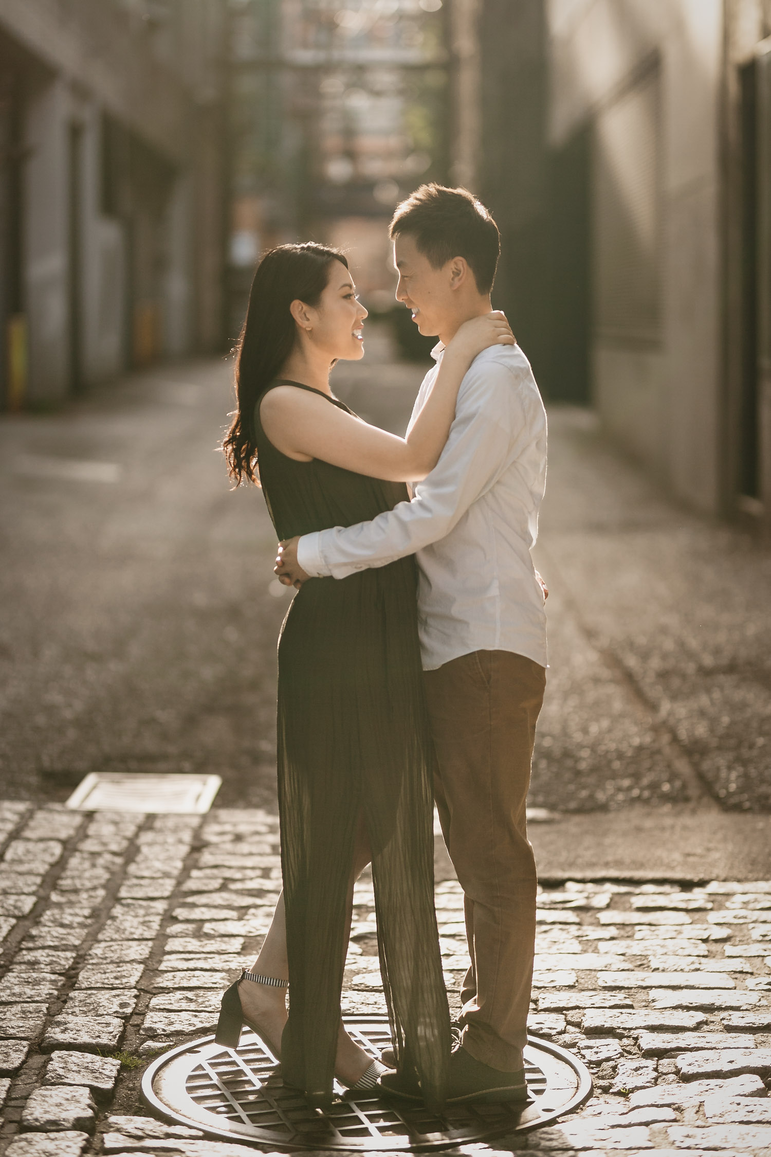 gastown engagement photography in vancouver bc during sunset or golden hour