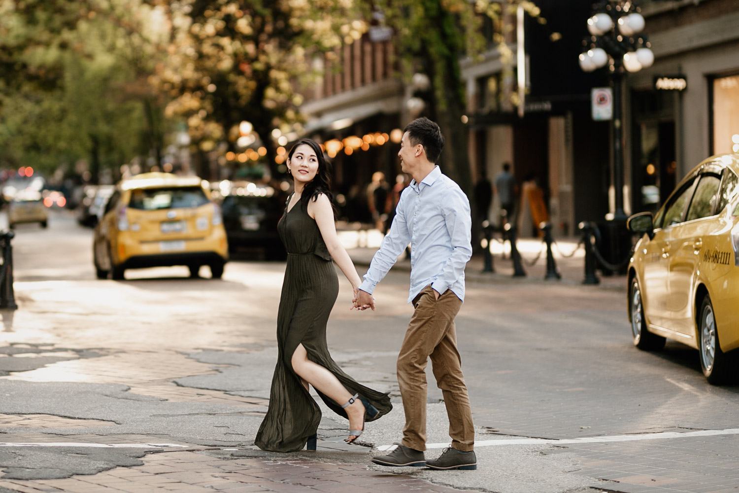 gastown engagement photography in vancouver bc during sunset or golden hour