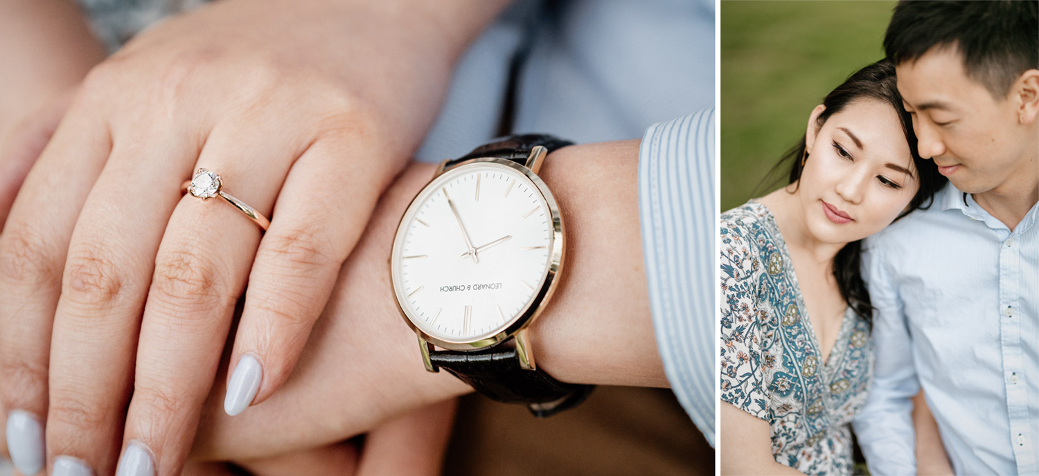 stanley park rose garden engagement session engagement ring and men’s watch details during golden hour or sunset