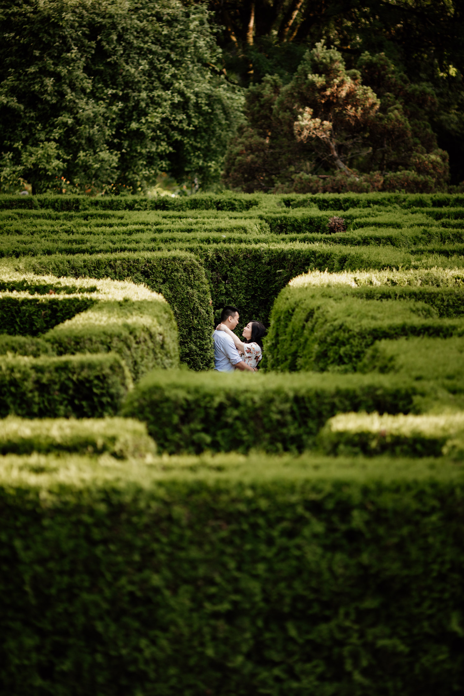 VanDusen Botanical Garden maze engagement photography in Vancouver BC during summer